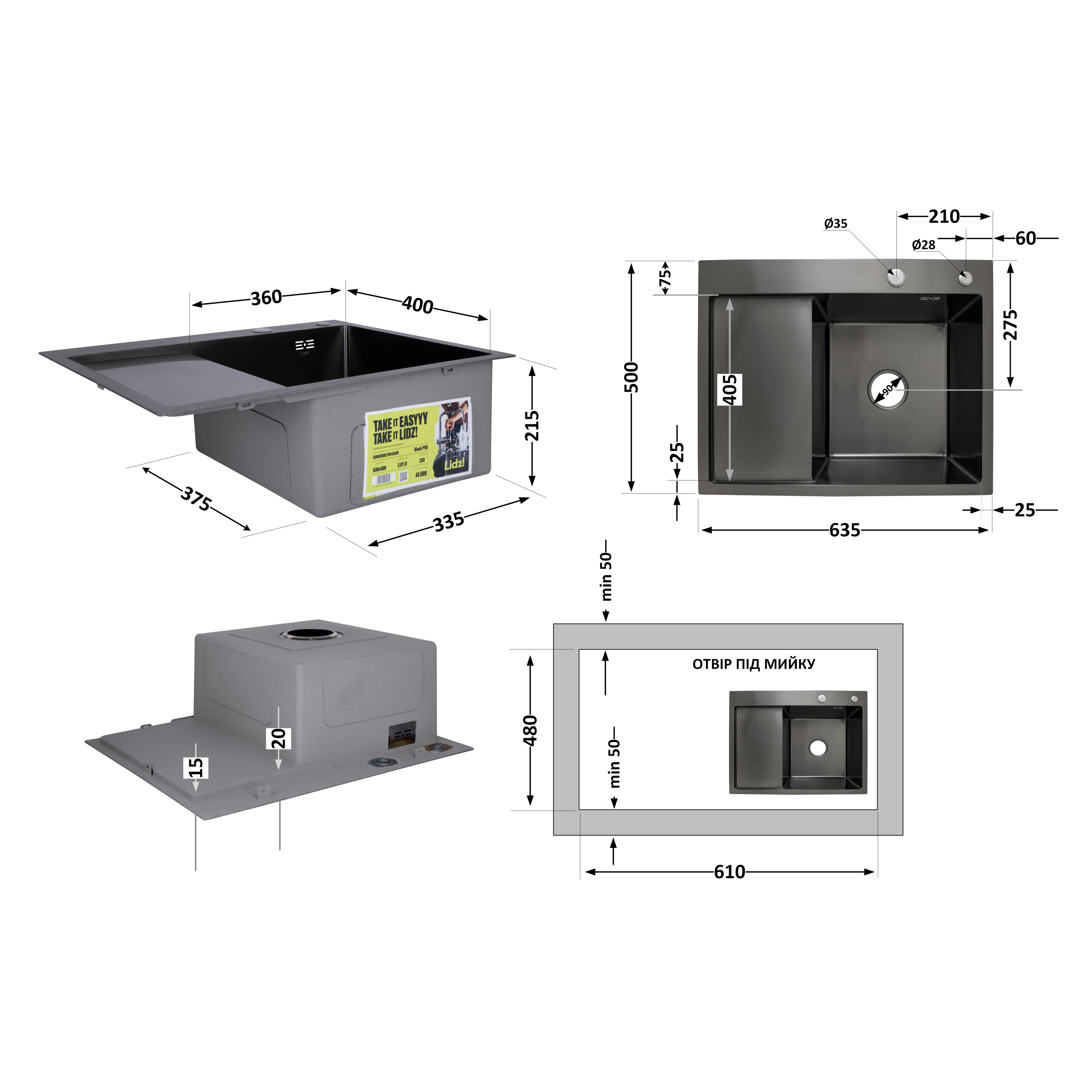 Мийка для кухні інтегрована Lidz Handmade H6350BR крило праворуч (LDH6350BRPVD45590) Brushed Black PVD 3,0/1,0 мм