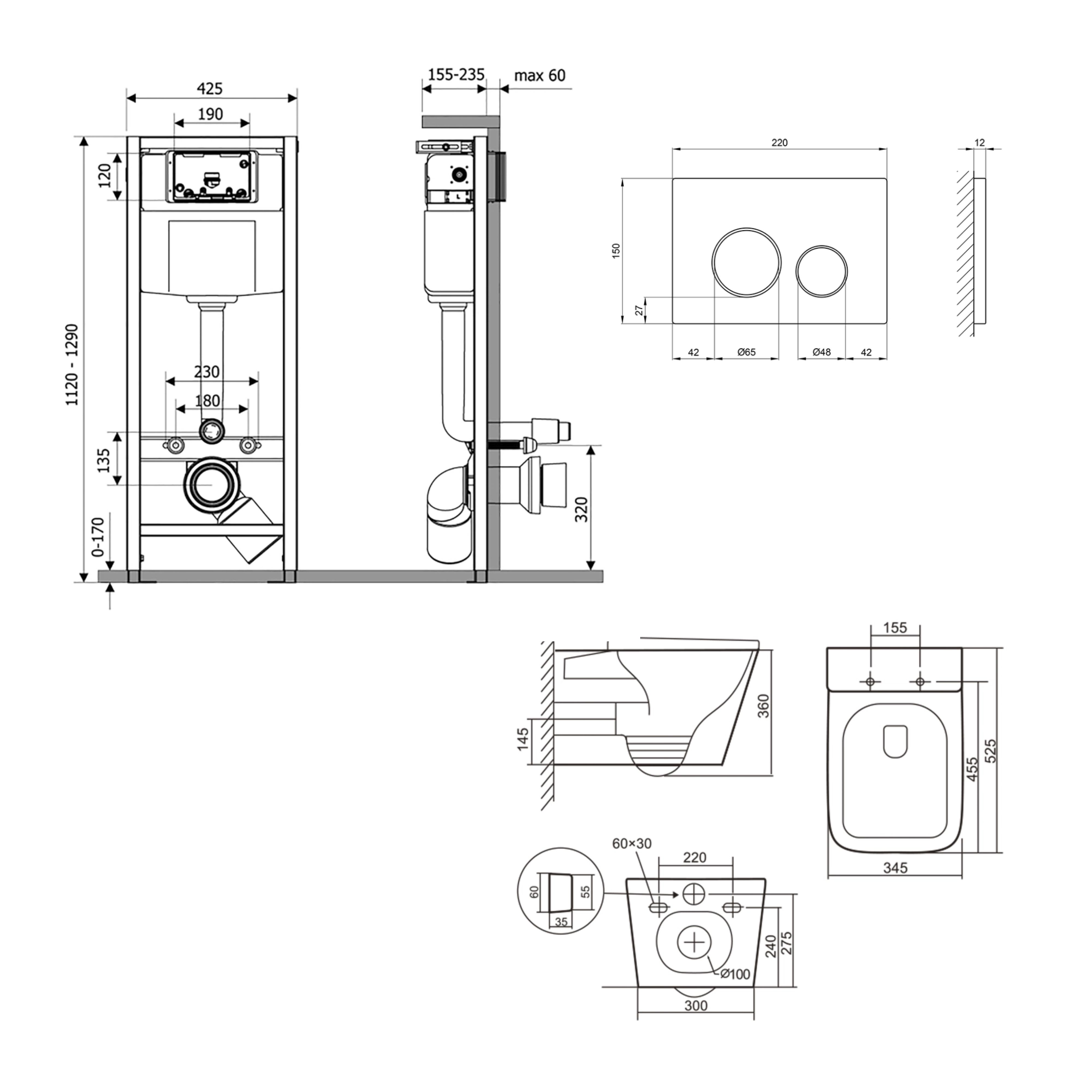 Готове рішення Qtap для ванної кімнати: підвісний унітаз Tern + комплект інсталяції Nest 4 в 1 (кругла клавіша Satin)