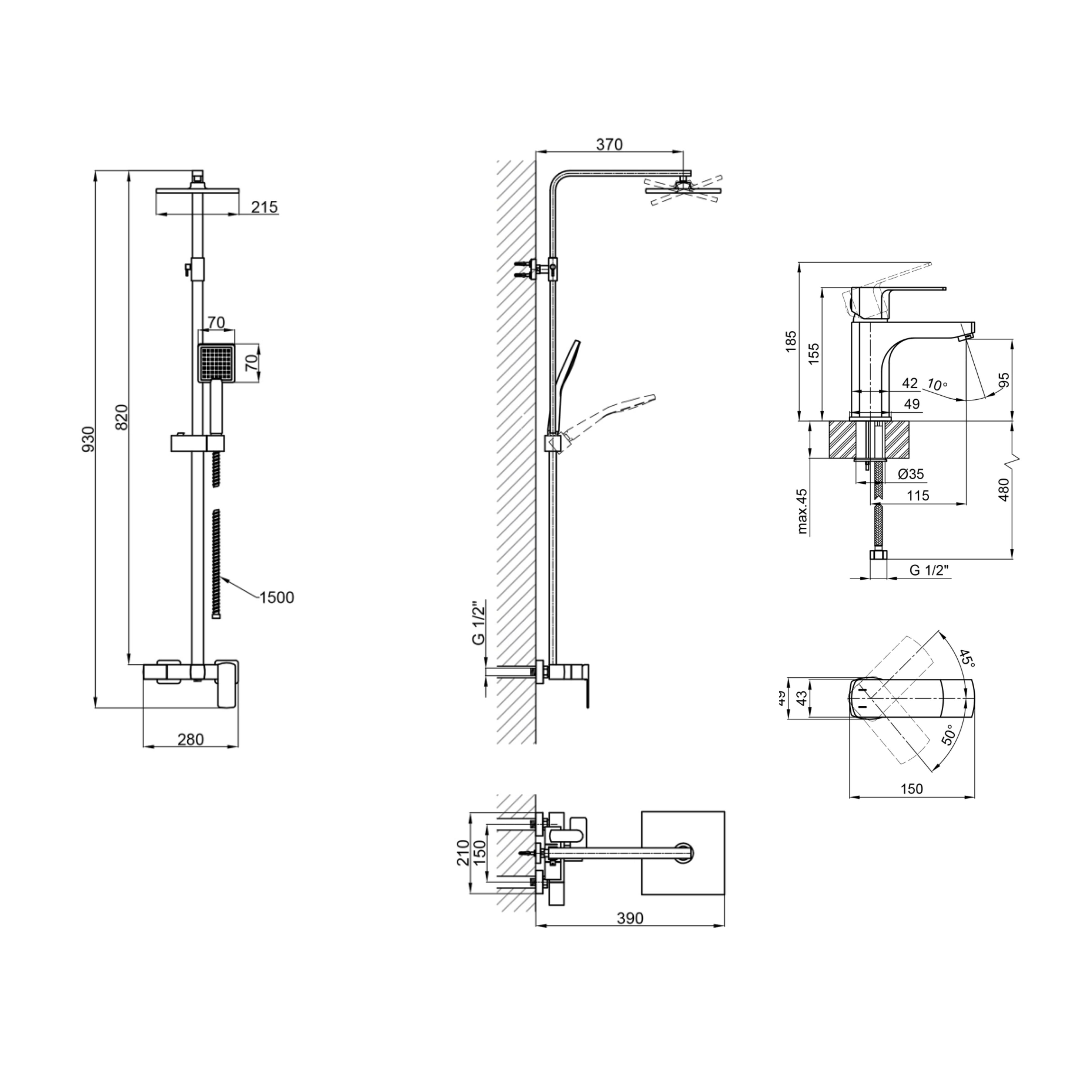 Комплект змішувачів Qtap Capricorn: Душова система QTCAP53103KNB + Змішувач для раковини QTLIPNO1023101CB