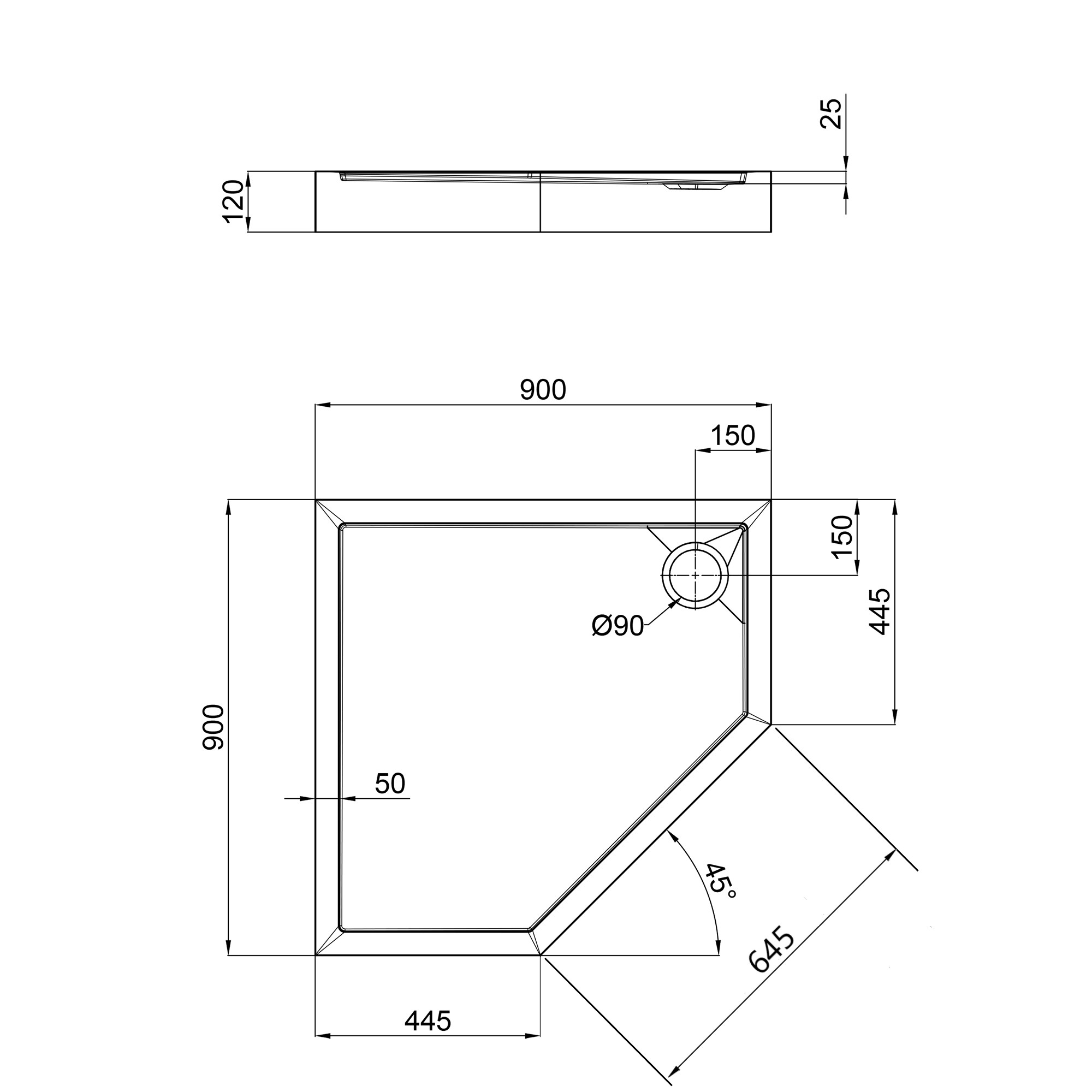 Душовий піддон Qtap Diamond 309912 90x90x12 см + сифон