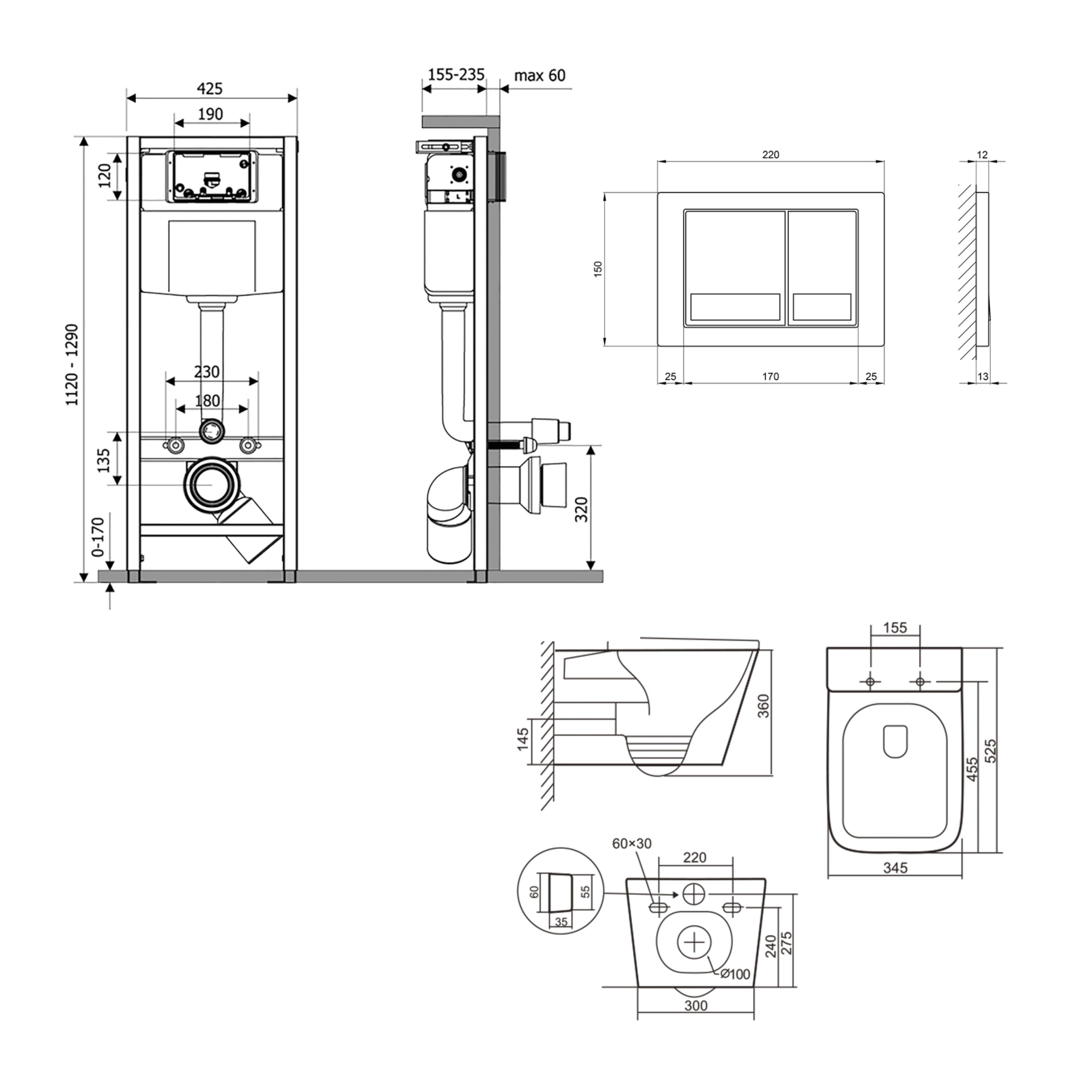 Готове рішення Qtap для ванної кімнати: підвісний унітаз Tern + комплект інсталяції Nest 4 в 1 (квадратна клавіша Satin)
