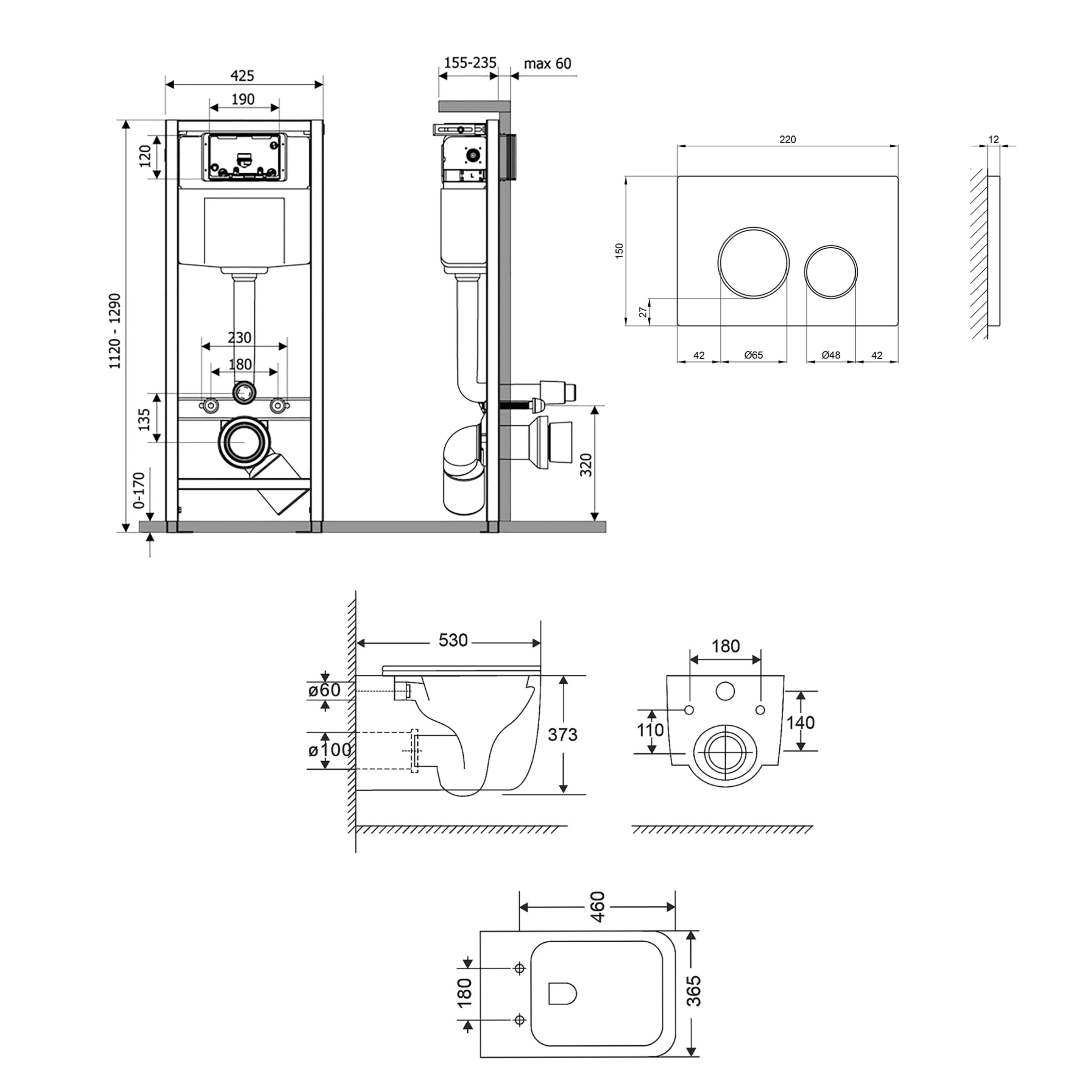Готове рішення Qtap для ванної кімнати: підвісний унітаз Gemini Ultra Quiet + комплект інсталяції Nest 4 в 1 (кругла клавіша Black mat)