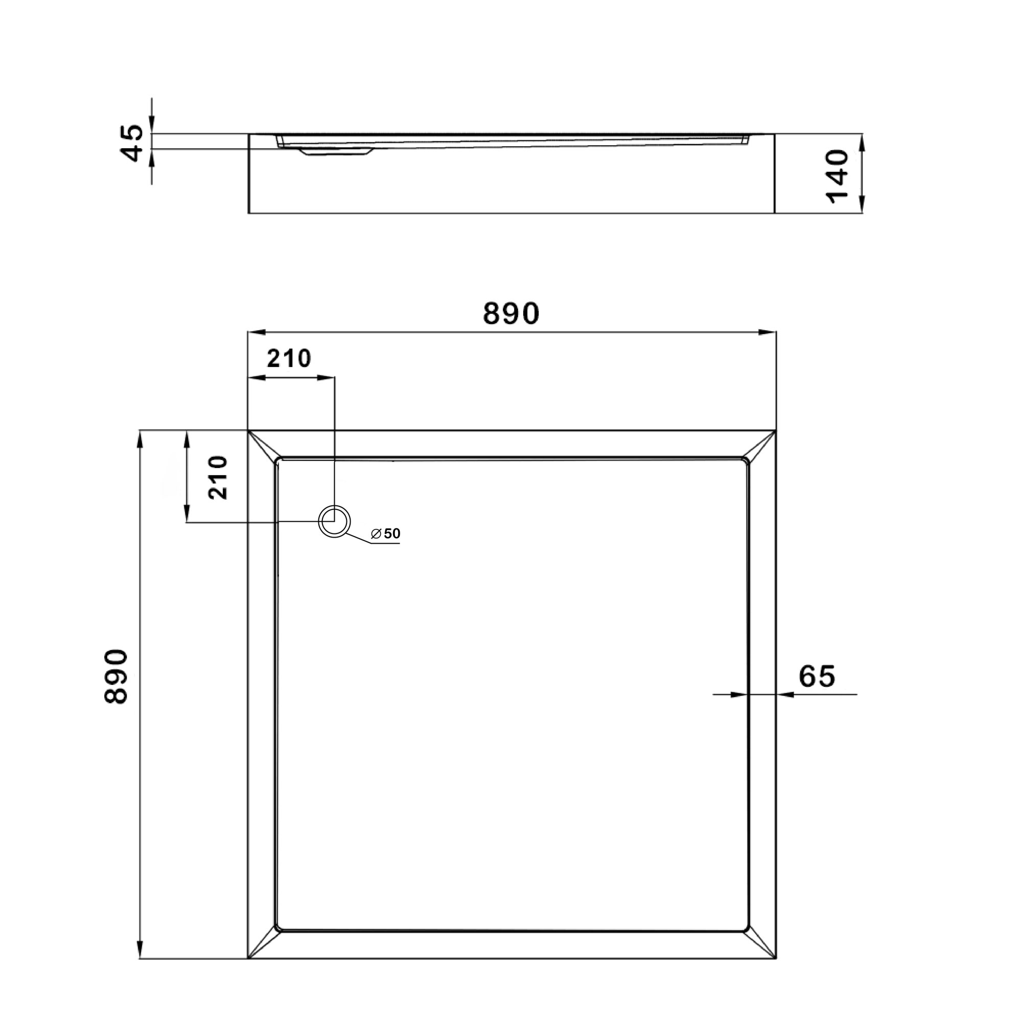 Душовий піддон KAPIELKA ST90x90х14 низький, квадратний, діаметр зливу 52 мм Lidz