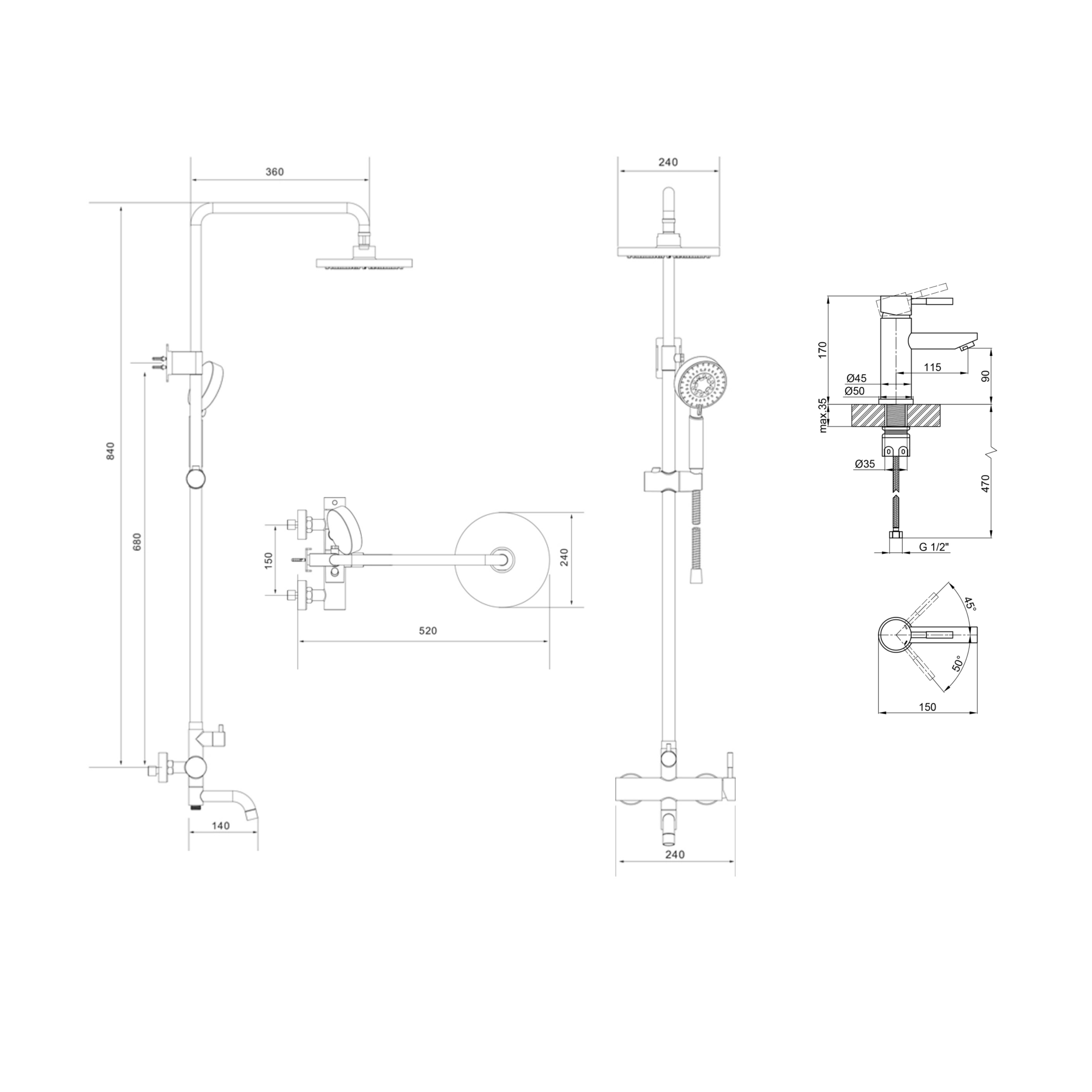 Комплект змішувачів Lidz Aria Black: Душова система LDARI1031BLA43370 + Змішувач для раковини LDARI001FBLA43367