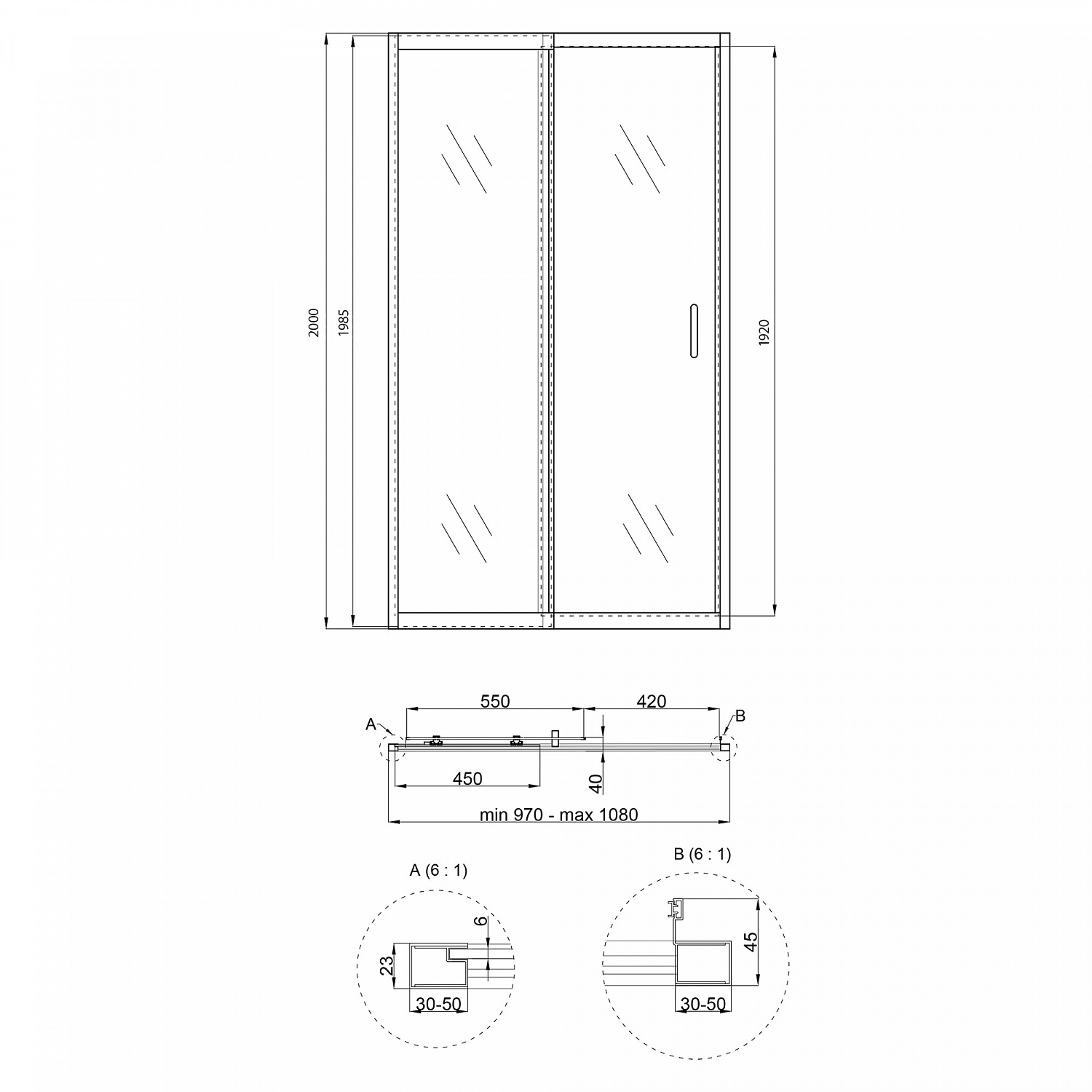 Душові двері в нішу Qtap Taurus CRM201-11.C6 97-108x200 см, скло Clear 6 мм, покриття CalcLess