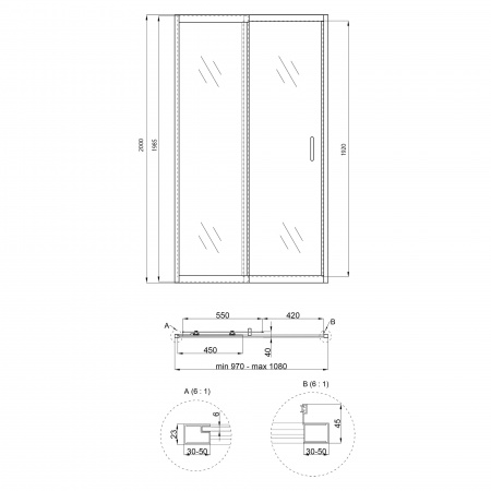 Душові двері в нішу Qtap Taurus CRM201-11.C6 97-108x200 см, скло Clear 6 мм, покриття CalcLess