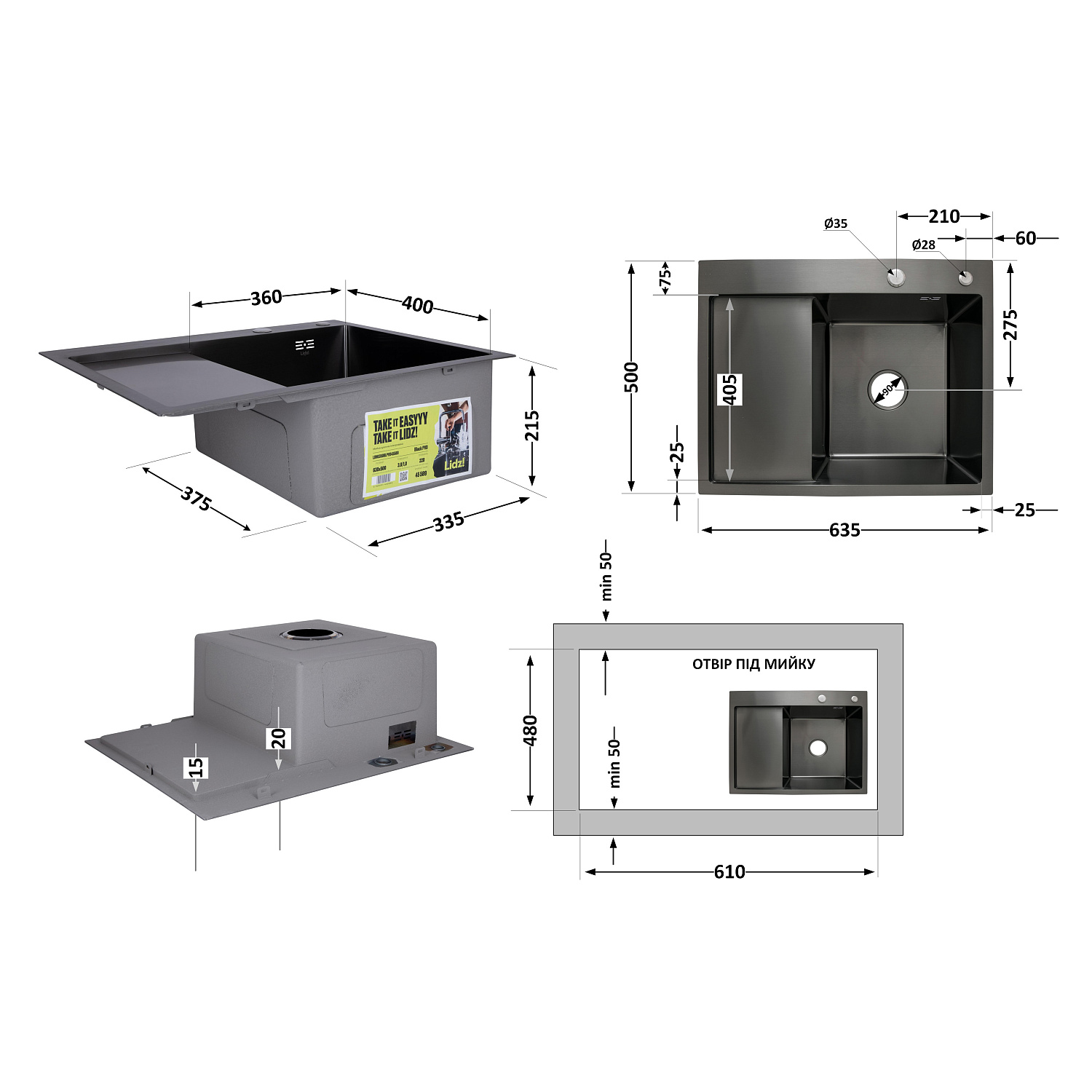 Мийка для кухні інтегрована Lidz Handmade H6350BR крило праворуч (LDH6350BRPVD45590) Brushed Black PVD 3,0/1,0 мм