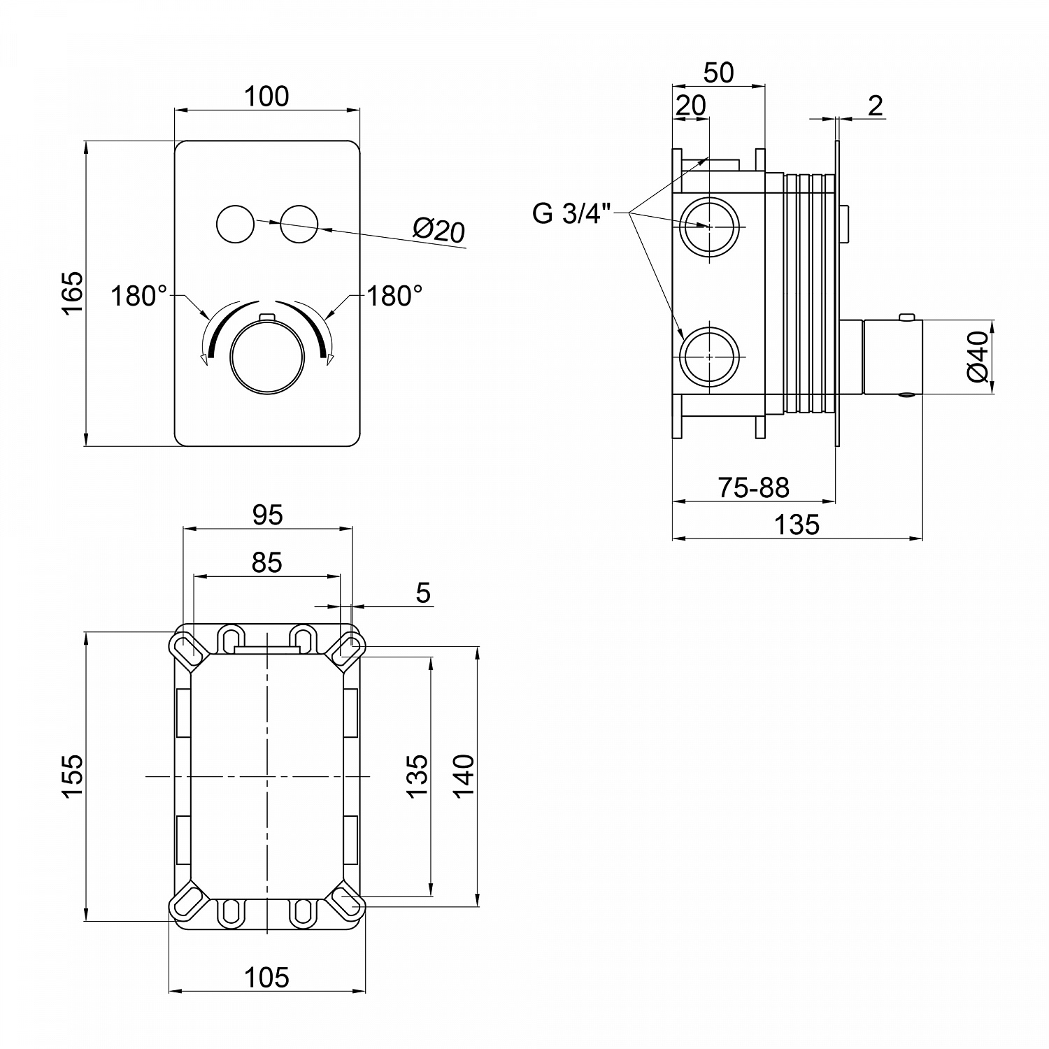 Змішувач для душу Qtap Votice термостатичний прихованого монтажу на два споживача QTVOT6442T105NKC Chrome