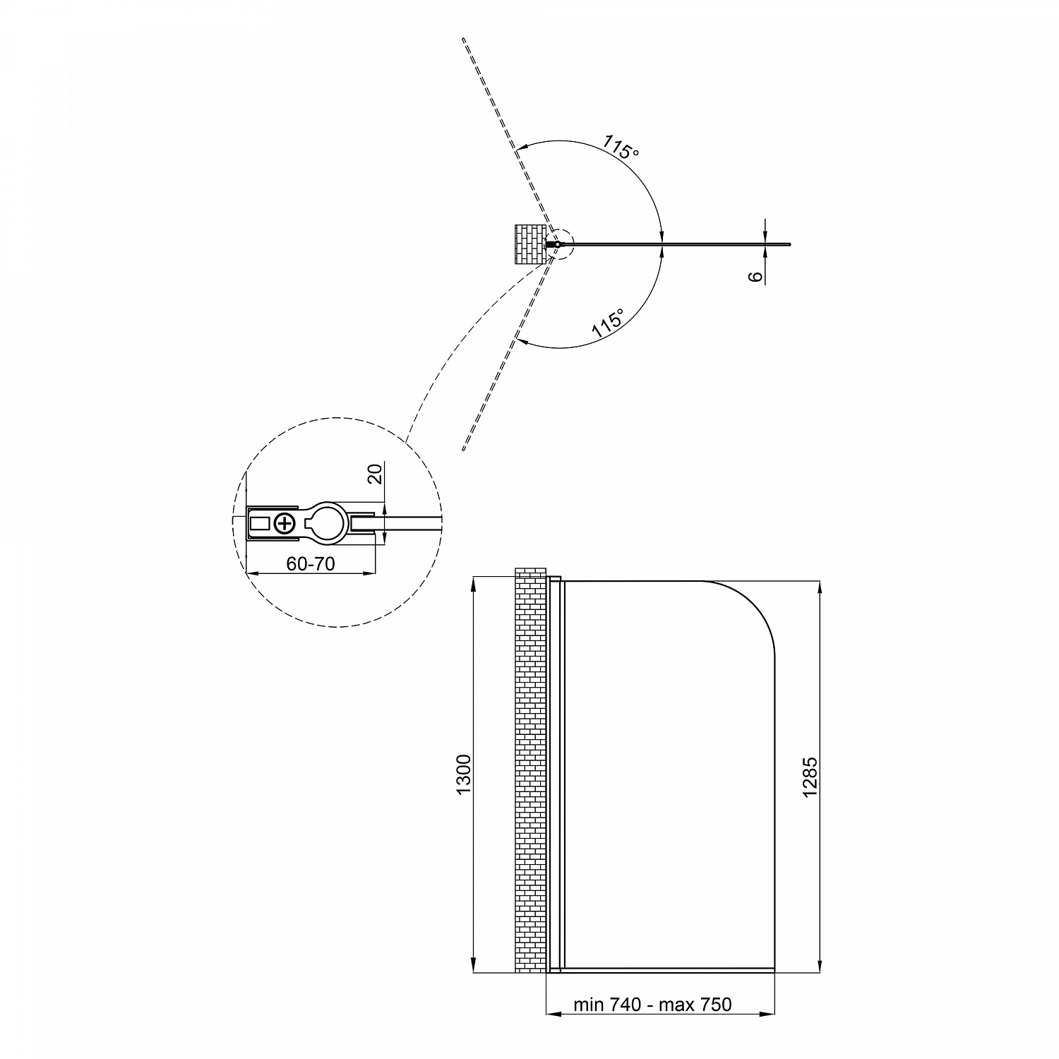 Штора на ванну Qtap Standard BLM407513APL скло Pear 6 мм, 75х130 см, ліва