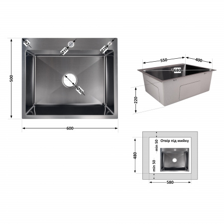 Мийка для кухні інтегрована Lidz Handmade H6050B (LDH6050BPVD43621) Brushed Black PVD 3,0/1,0 мм