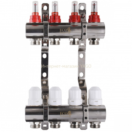 Колектор з вимірювачем витрат, регуляторами та кріпленням ECO 001D 1″x4