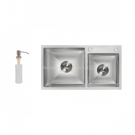 Мийка для кухні з двома чашами інтегрована Lidz Handmade H7843 (LDH7843BRU35387) Brushed Steel 3,0/1,0 мм