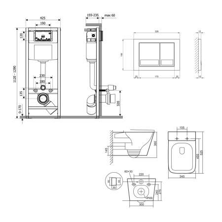 Готове рішення Qtap для ванної кімнати: підвісний унітаз Tern + комплект інсталяції Nest 4 в 1 (квадратна клавіша Satin)