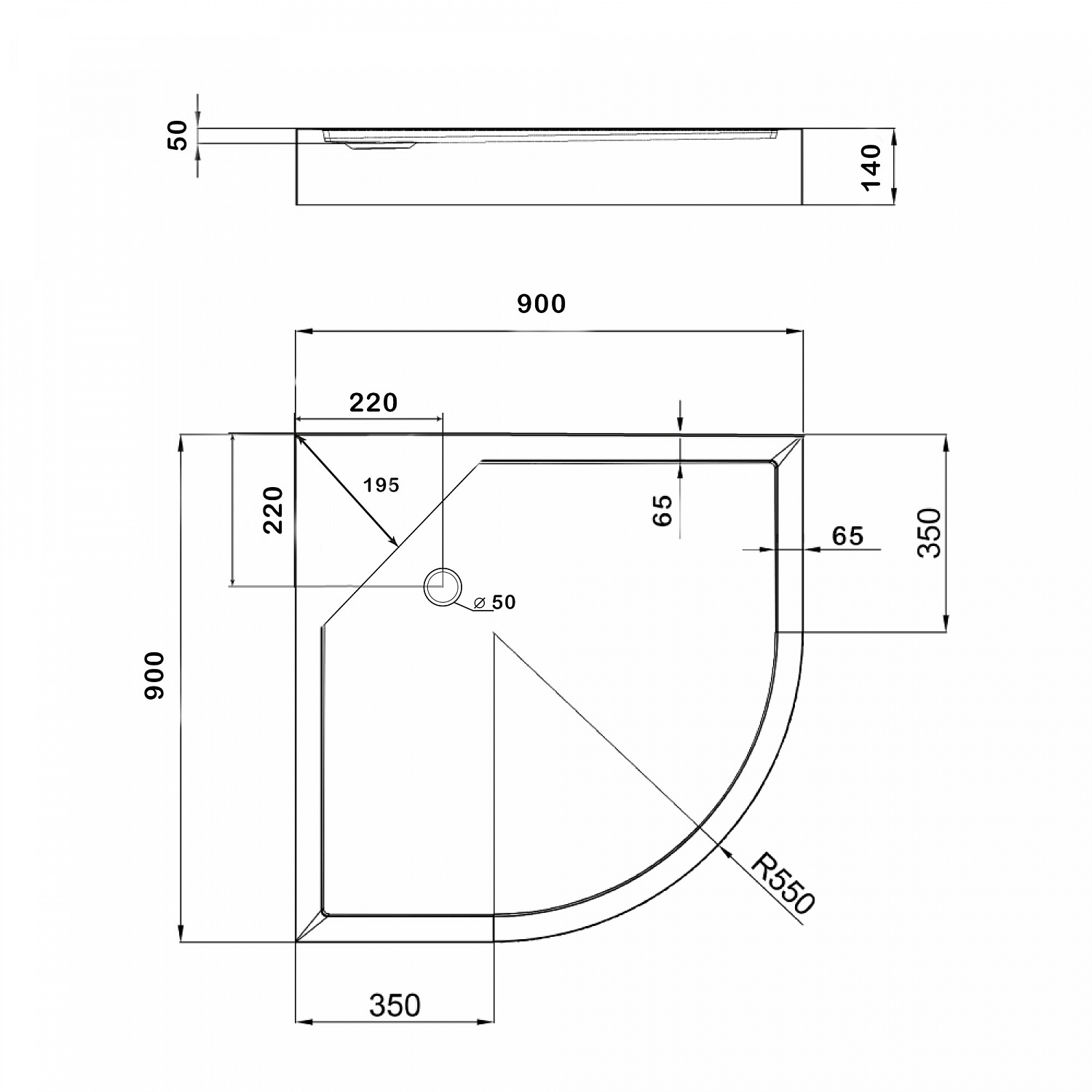 Душовий піддон Kapielka ST90x90x14 низький, напівкруглий, діаметр зливу 52 мм Lidz