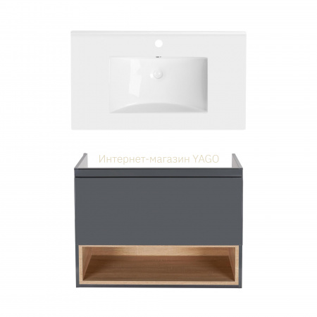 Комплект Qtap тумба підвісна Robin 800х580х437 мм Graphite/Whitish oak + раковина урізна Albatross QT71RO44051