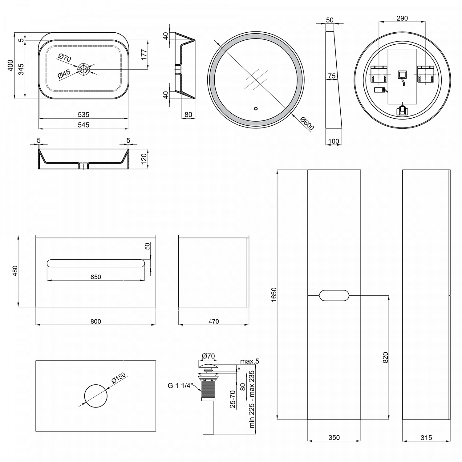 Комплект меблів для ванної Qtap тумба + раковина + дзеркало + пенал QT044VI43004