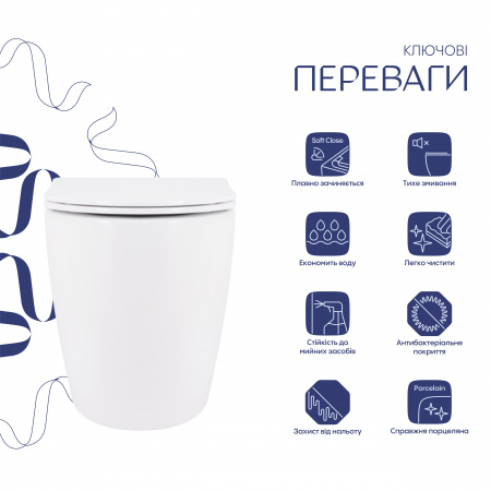 Унітаз підвісний Qtap Robin Ultra Quiet безобідковий з сідінням Soft-close 520x365x365 мм WHITE