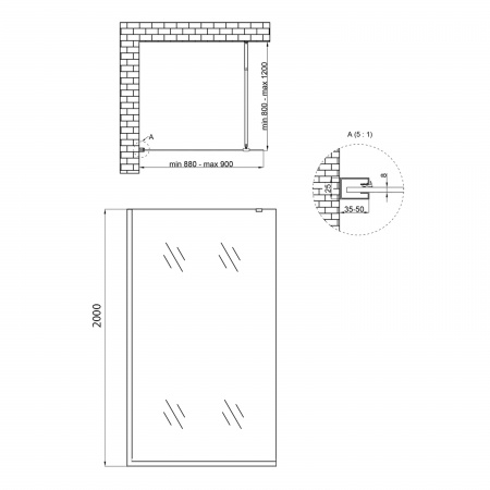Душова перегородка Qtap Walk-In Standard CRM209.C8 90х200 см, скло Clear 8 мм, покриття CalcLess