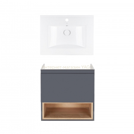 Комплект Qtap тумба підвісна Robin 600х580х437 мм Graphite/Whitish oak + раковина урізна Albatross QT71RO44041