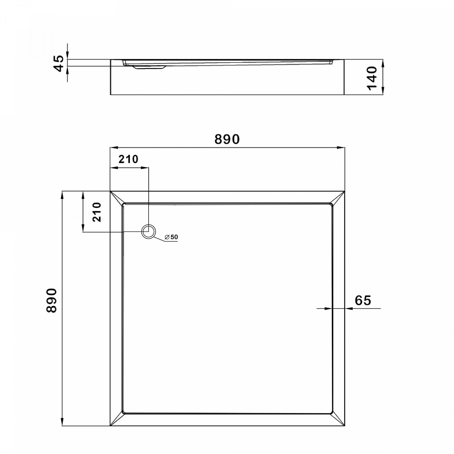 Душовий піддон KAPIELKA ST90x90х14 низький, квадратний, діаметр зливу 52 мм Lidz