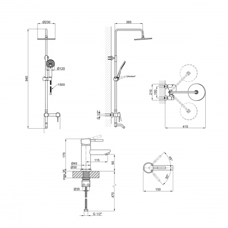 Комплект змішувачів Lidz Aria Black: Душова система LDARI1032BLA43371 + Змішувач для раковини LDARI001FBLA43367