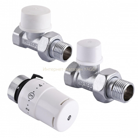 Набір Крани радіаторні прямі ARCO 1/2″ подача + зворотка + термоголовка KCT02 М30 в інтернет-магазині Yago