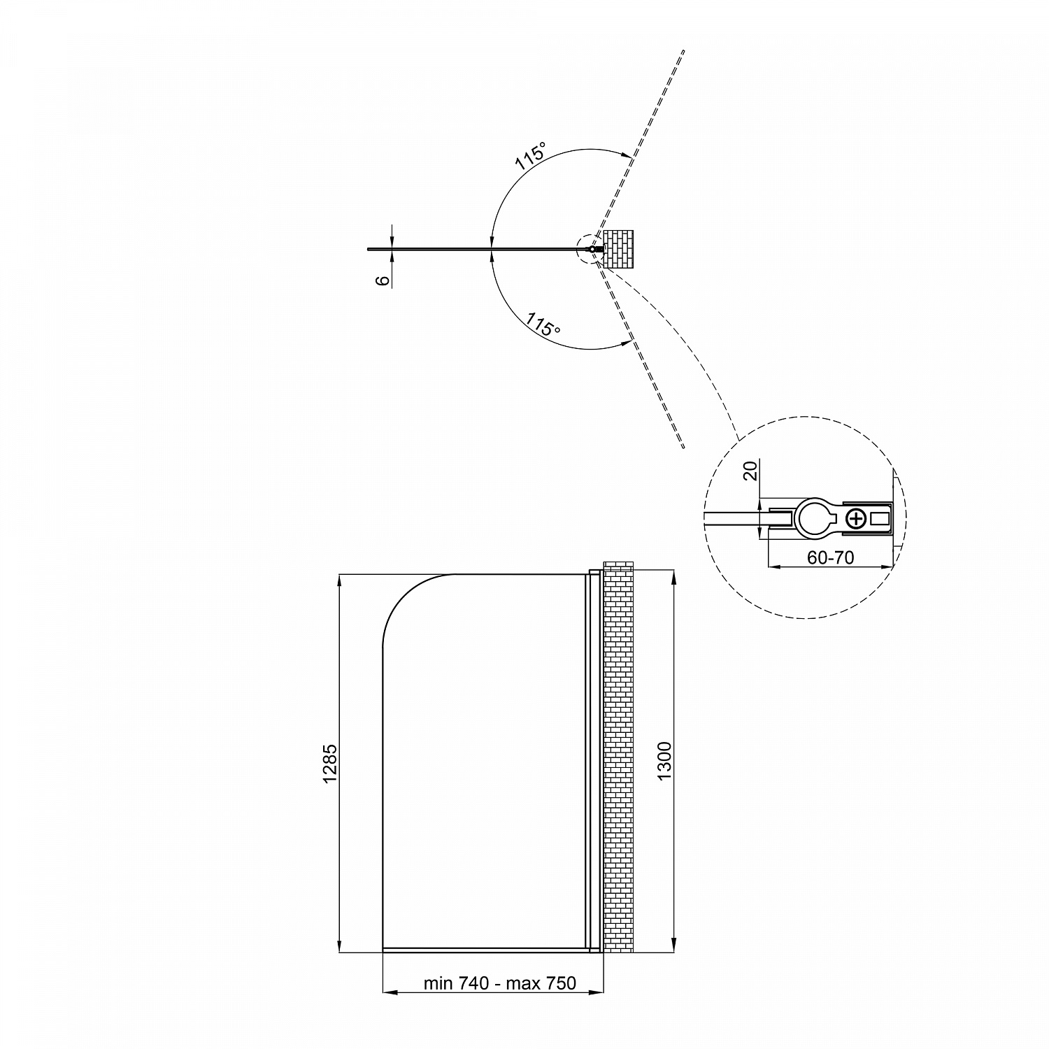 Штора на ванну Qtap Standard BLM407513APR скло Pear 6 мм, 75х130 см, права