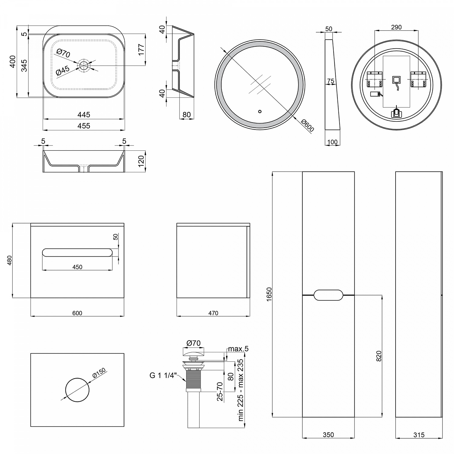 Комплект меблів для ванної Qtap тумба + раковина + дзеркало + пенал QT044VI43002