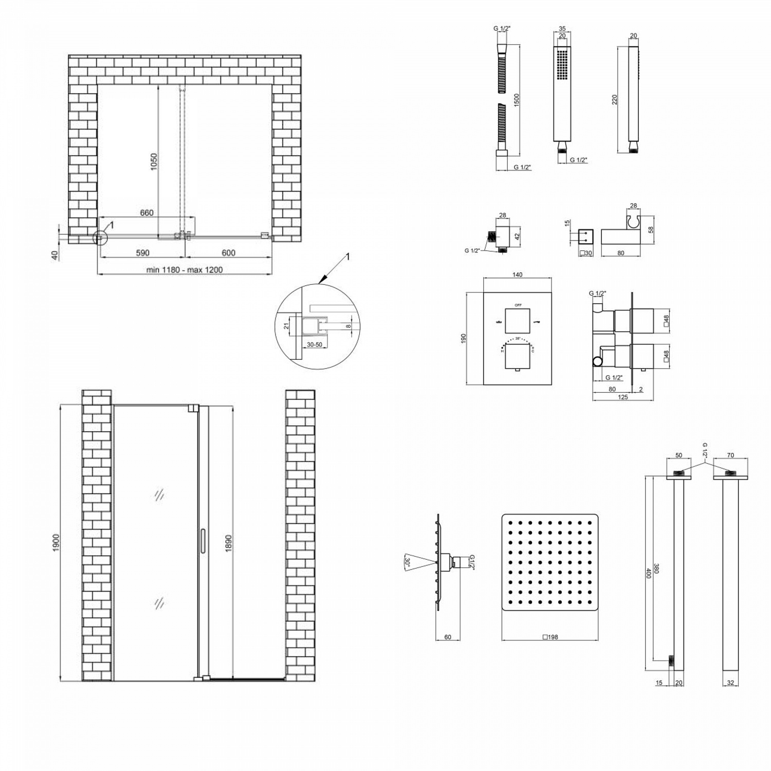 Готове рішення Qtap 14: Стіна Walk-In GLIDE, 120x190 + Душ. набір прихованого монтажу з термостатом