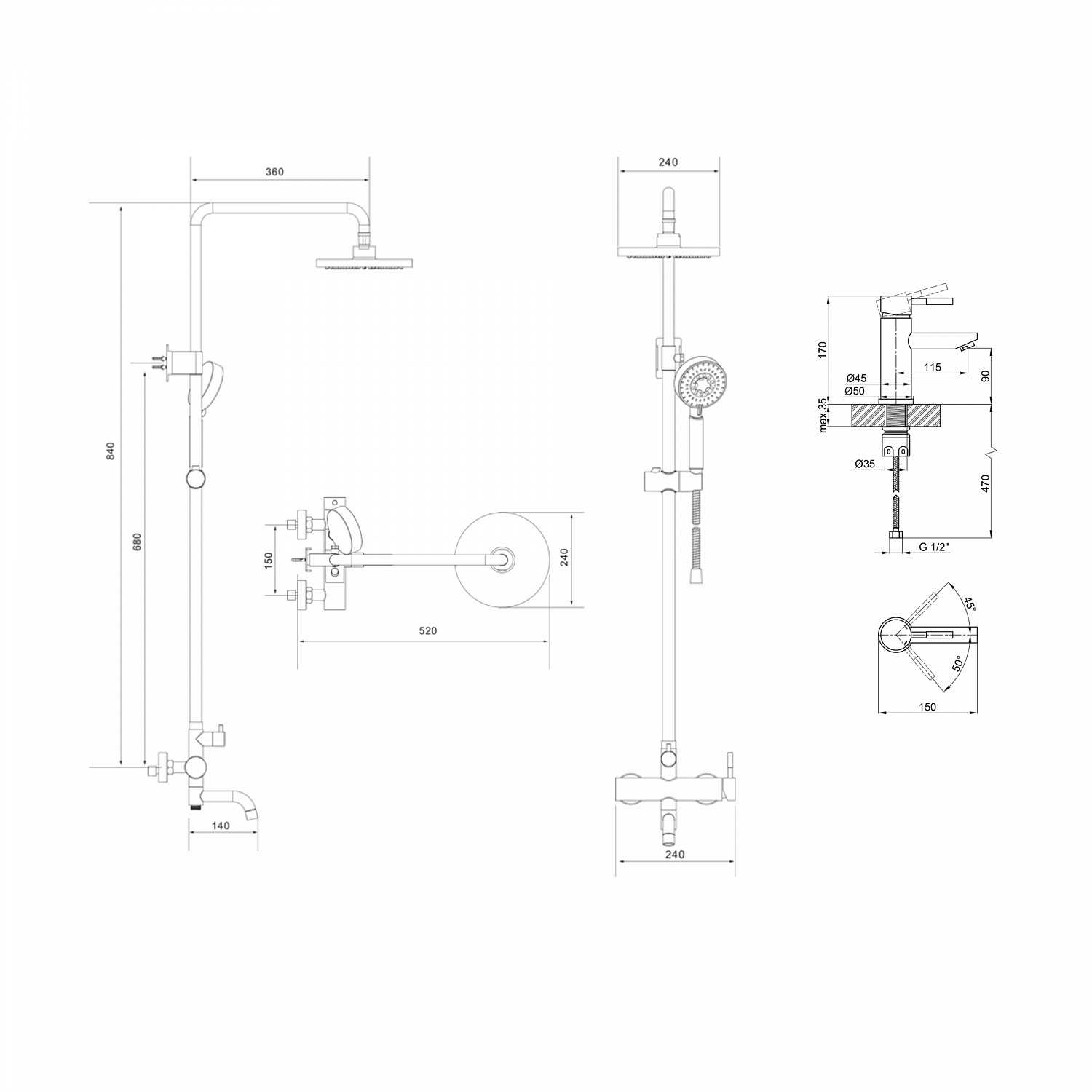 Комплект змішувачів Lidz Aria Black: Душова система LDARI1031BLA43370 + Змішувач для раковини LDARI001FBLA43367